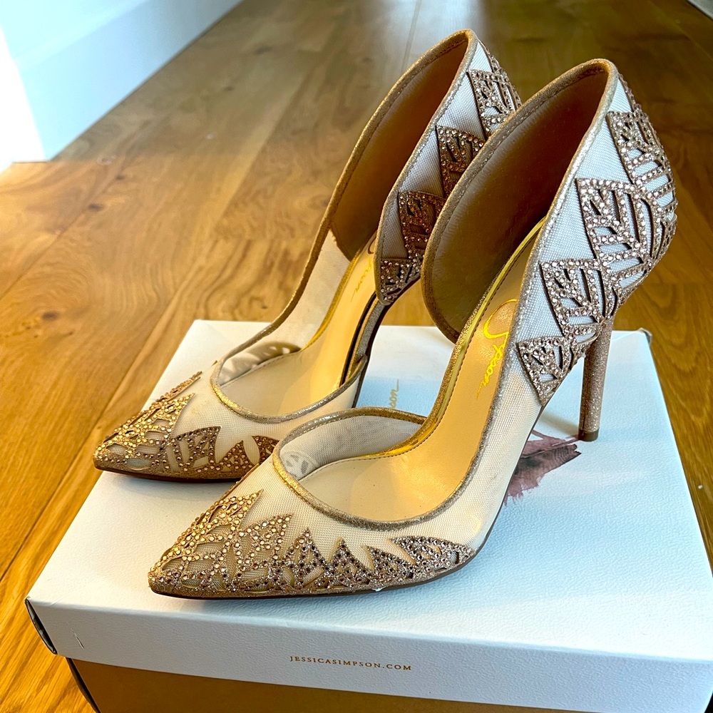 NIB Jessica Simpson Liya D'orsay Pumps Dusty Glitter Fine Mesh Beige Tall Heel